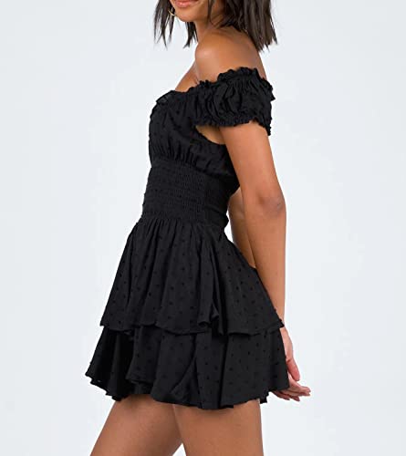 Image of R.Vivimos Women's Summer Cotton Puff Sleeves Layered Ruffles Casual Boho Swing Mini Dresses
