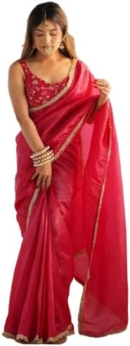 S R ETHNICS Design a new premium crush tissue silk fabric predrapped saree with stitch boluse for women ready to wear (RANI, M)