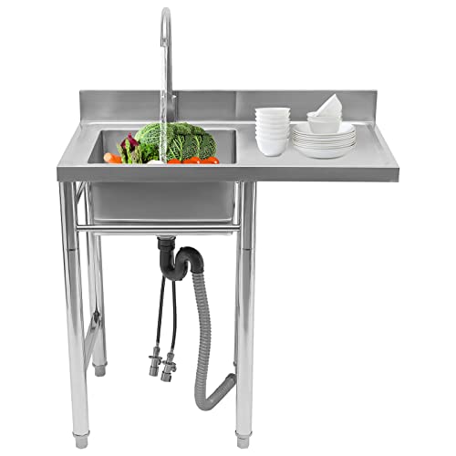 Stainless Steel Utility Sink with Drainboard, Commercial Restaurant Kitchen One Compartment Sink w/Cold & Hot Faucet, Free Standing Sinks with Hoses & Drain Kit for Garage, Laundry Room