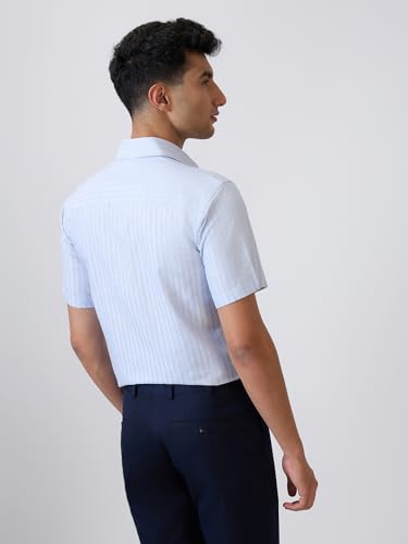 Image of Raymond Men Regular Fit Stripe Pattern Cotton Linen Blend Semicutaway Collar Half Sleeve Formal Shirt