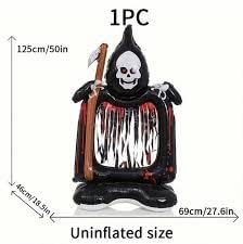 Image of AMFIN (Pack of 1) Self-Standing Foil Balloon 50 Inch Halloween Ghost Grim Reaper Balloon Hollow - Giant Halloween Inflatable Decoration with Scythe - Black