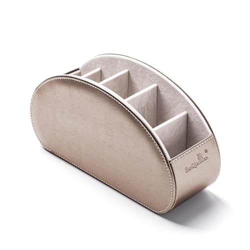 リモコンラック PUレザー リモコン収納 テーブル 5格仕切り リモコンスタンド おしゃれ 防水 多機能収納ボックス 文房具 卓上小物 (シャンパン, ライト)