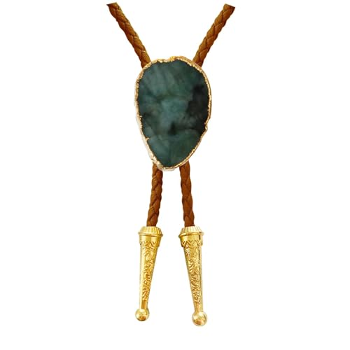 Daisy Del Sol Gemstone Bolo Tie Braided Vegan Faux Leather Natural Stone Gold Handmade Necklace Adjustable Boho Western Jewelry (Brown, Emerald)
