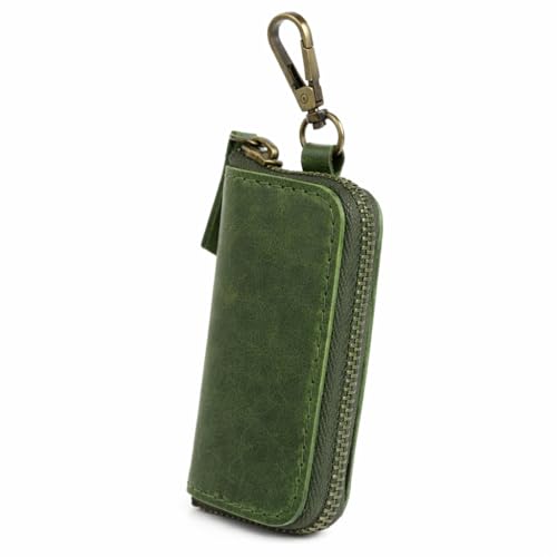 Image of Handmade Full Grain Leather Car Key Holder & Zippered Coin Purse | Belt Loop Key Chain, Compact Earphone Holder Multi-Functional Money Purse Elegant Leather Accessory Versatile Key Organizer (Green)