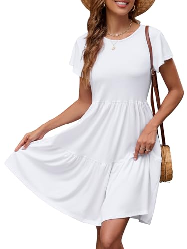 Zetieny Sommerkleid Damen Rundhals Kurzarm Kleider Einfarbig Strandkleid Midi Kleid Lose A-Linie Kleider mit Tasche