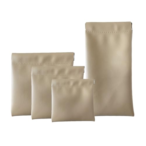 AJOJO 6 Pcs Lambskin Pocket Cosmetic Bags, Waterproof Portable No Zipper Self-Closing Cute Small Makeup Pouch for Women, Pu Leather Bag for Cosmetics Headphones Jewelry (4Pcs Apricot in 4 Sizes)