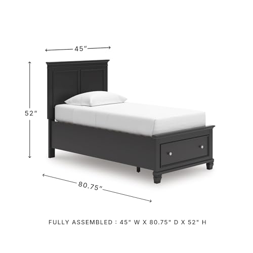 Image of Signature Design by Ashley Lanolee Twin Platform Storage Bed, Black | Hardwood solids with birch veneer and engineered wood, Extra deep footboard storage drawer, Platform design, Casual style