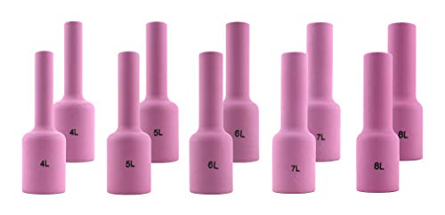 Long Alumina Nozzle Cups for TIG Welding Torches Series 17/18/26 with Gas Lens Set-Up - Assorted Sizes: #4L to #8L - (10 PIECES)