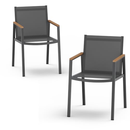 Oasbira Outdoor Dining Chairs Set of 2, Aluminum Patio Armchairs, All Weather Patio Dining Furniture for Backyard, Deck, Poolside (Gray-Teak)