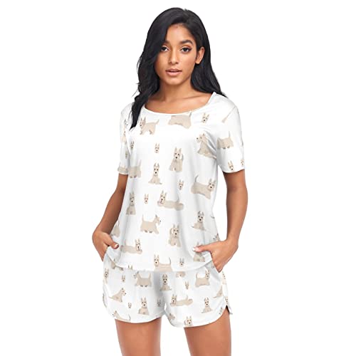 vvfelixl Pajama Sets For Women Scottish Terrier Dogs Sleepwear Sets Short Sleeve Loungewear Pj Sets M White