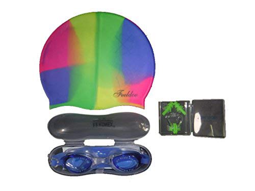 ansAns Multicolor Blue Swimming Kit Combo : 1 Swimming Cap,1 Anti Fog Goggles.1 Nose Clip & 2 Ear Plugs