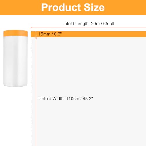 Image of HARFINGTON 6 Rolls Pre-Taped Masking Film 43.3 inch x65.6ft Tape and Drape Painters Plastic Drop Cloth Film with Tape Plastic Sheeting for Automotive Painting Covering