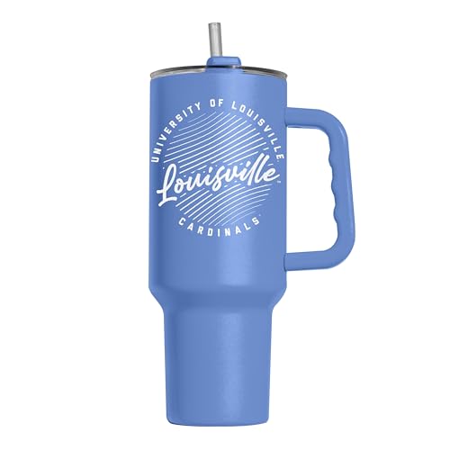 Image of Logo Brands NCAA Louisville Cardinals Retro Script Arctic 40 oz Tumbler with Handle - Stylish Everyday Use Powder Coated-Stainless Steel with Straw- Keeps Cold For Hours