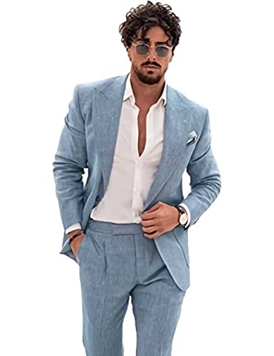 Wangyue Linen Suit for Men Casual Slim Fit Vintage Suits Groomsmen Suits Wedding Summer Beach Blazer Pants Set