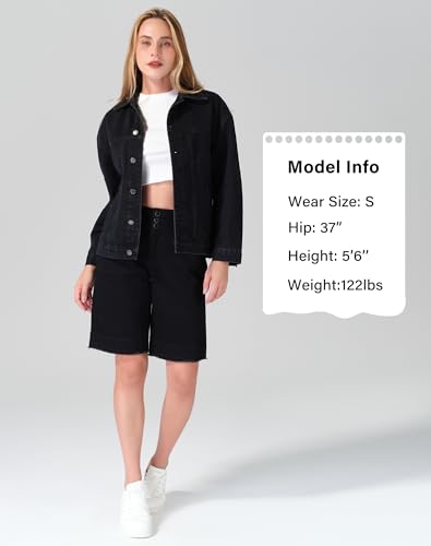 roswear Women’s Denim Jackets Oversized Button Long Sleeve Washed Jean Trucker Jacket with Pockets4