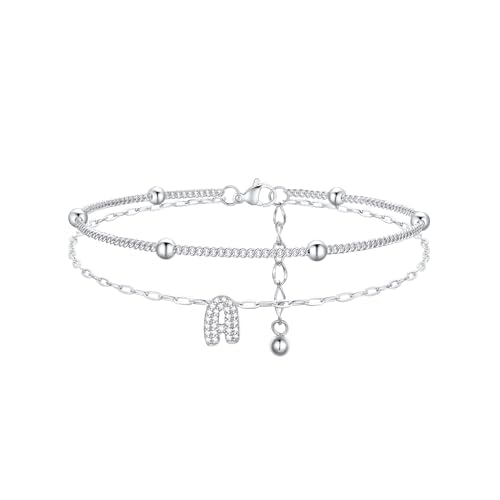 FindChic Initial Anklet for Women, Silver/Gold Plated Layered Beaded Ankle Bracelet with Cubic Zirconia Initial Charm, Adjustable Waterproof Non-Tarni