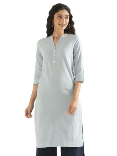 Image of SAADAA Women Airy Linen Long Kurta | Mandarin Collar 3 /4th Sleeve Kurta | Regular Fit Ethnic Wear for Women | Casual, Festive & Office Wear