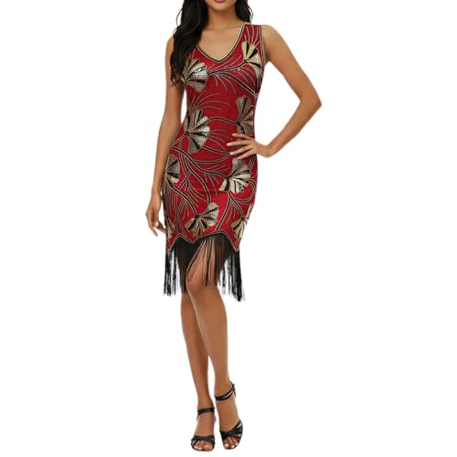 Genérico Vestido para mujer, cuello en V, lentejuelas y flecos, vestido de noche, cóctel, carnaval, ropa, fiesta, vestido transpirable, confort Charleston para gala, cumpleaños, Gatsby Streetwear Moda