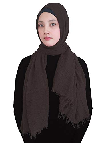 Lina & Lily Solid Color Crepe Crinkled Scarf Hijab with Frayed Edges (Dark Brown)