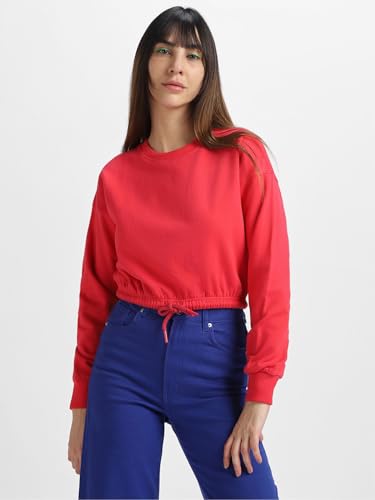 Image of JUNEBERRY Cotton Poly Fleece Regular Fit Pink, Purple Green & Orange Solid Full Sleeve Sweatshirt for Women