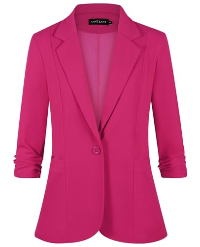 MINTLIMIT Women's Work Wear Blazer with Hot Pink - Inspired 3/4 Ruched Sleeve One Button Front Lined Notch Lapel Lightweight for Fall Summer (Hot Pink S)