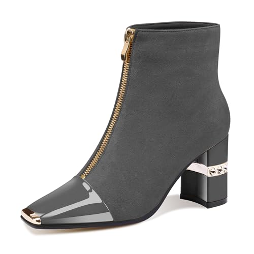 Image of XINIUNIU Women's Ankle Boots Block Chunky Heels Booties Metal Square Toe Suede Front Zipper 3 Inch Short Boot Dress