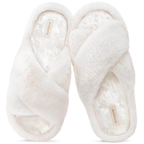Snug Leaves Women's Fluffy Cross Band Open Toe Slippers with Indoor Outdoor Non Slip Sole