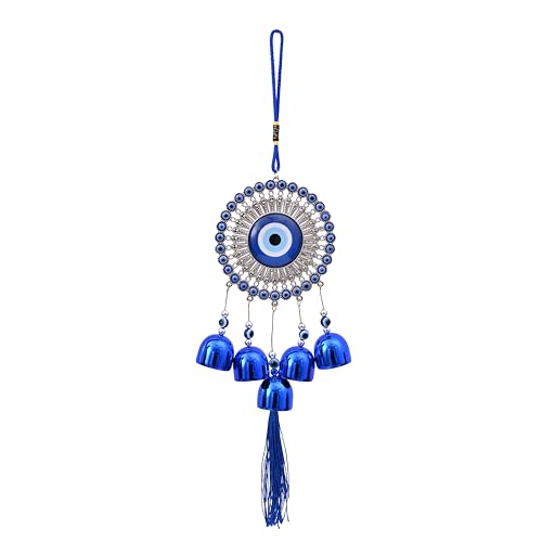 Image of Blue Evil Eye Wall Hanging with 5 Bells, Traditional Protection Charm, Decorative Tassel Ornament| Home Decor| Vastu| Nazar Protection|