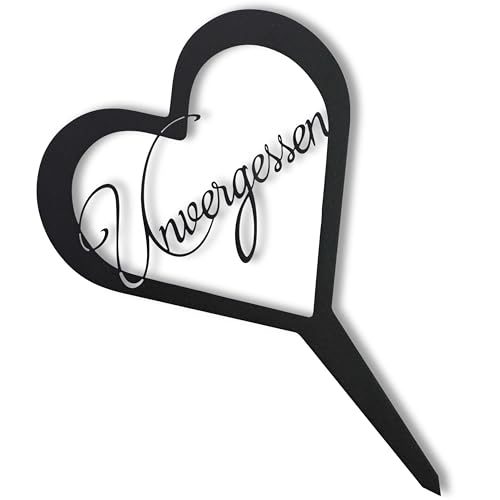 Rostikal Außergewöhnliches Grabdeko Herz mit Gravur Unvergessen - Schöner Grabschmuck wetterfest, schwarz, 23 x 35 cm, mit Erdspieß, Trauer Deko Schild für Hinterbliebene als Friedhof Deko