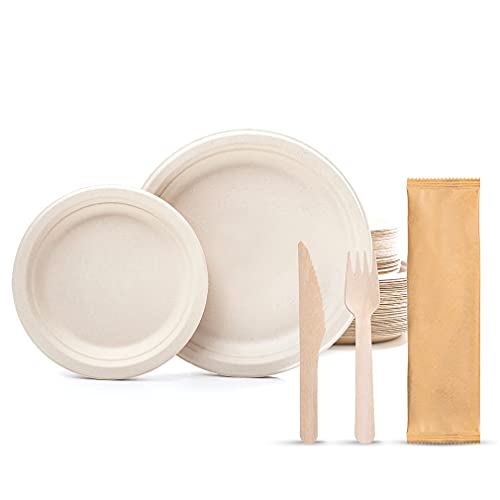 Honest ECO (150-Count) Disposable Plates Barbecue Utensils,eco-friendly saving cutlery, 7"& 9" Bagasse Plates and 6.3â€ Wooden Fork & Knife Sets,100% Biodegradable Perfect Alternative Plastic