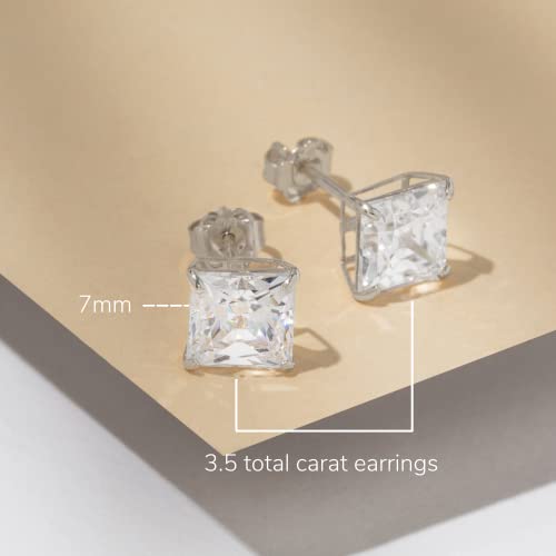 14K White Gold Princess Cut Swarovski Cz Stud Earrings For Women & Men | Cubic Zirconia Earrings Studs With Gold Earring Backs | Square Earrings For Men | 3.5 Carats Total | By Max + Stone #TOP2
