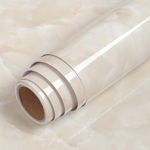 LaCheery Papier Adhesif pour Meuble Marbre Beige Blanc Creme Revêtement Plan de Travail Cuisine 40cm x 200cm Film Adhesif pour Meuble Cuisine Vinyle Papier...