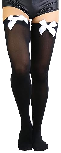 Image of ToBeInStyle Women's Opaque Long Thigh High Stockings w /Decorative Front Satin Bow