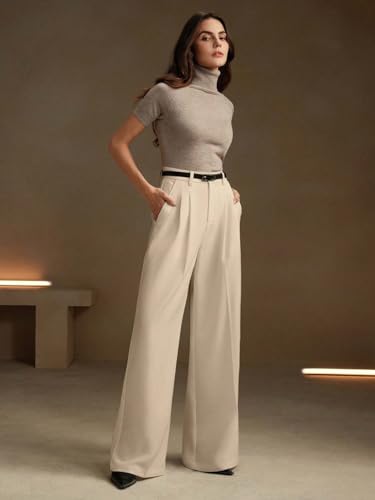 Image of KOTTY Women's Beige High Waist Wide Leg Straight Trouser for Formal and Office Wear