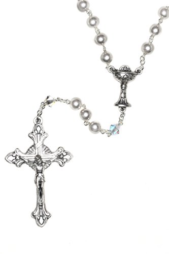 Chapelet première communion blanc nacré en cristal Swarovski, symbole d'une foi pure et éternelle