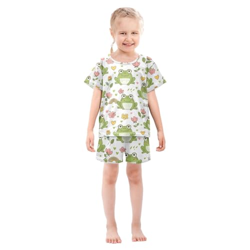 ALAZA Cute Frog Line Blossom Pajamas Set Short Sleeve Cotton Sleepwear Summer Pjs 2 Piece 5-14Y3