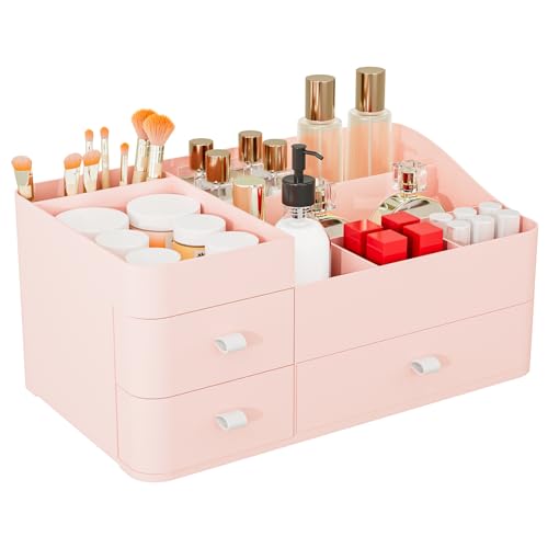 Makeup Organiser Storage Multi-function Organizer Large Cosmetic Storage Box with Drawers for Make up Organizer Dressing Plastic Cosmetics Holder for Brush Jewellery Lipstick(Pink)