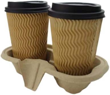 Signature Coffee Carriers 2 Cup Holders (105 Pack) Biodegradable Drink Carrier - Molded Pulp Fibre Cup Holder Tray for Take-Away Restaurants Shops and Cafes - Strong and Sturdy To-Go Drink Tray