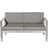 Cómodo y elegante sofá para dos personas con estructura de aluminio anodizado y cojines de poliéster color gris oscuro.