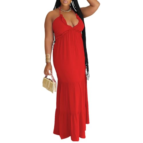 Image of TOPSRANI Womens Sleeveless Maxi Dress Halter Casual Backless Smocked Tiered Ruffle Flowy Sexy Slip Sling Strap Dresses