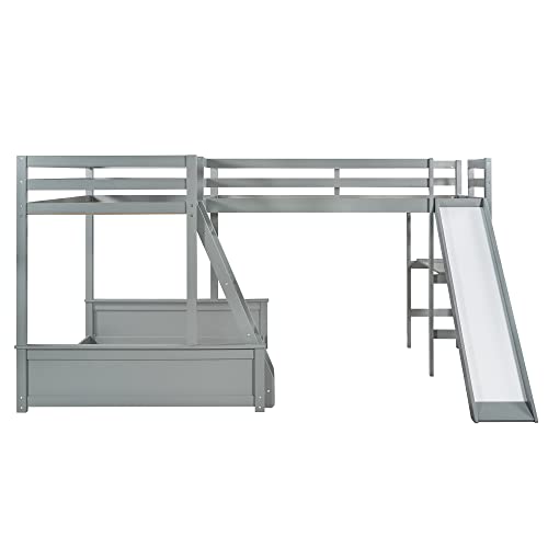 Koihome Twin Over Full Bunk Bed With Twin Size Loft Bed, L-Shaped Triple Bunk Bed With Desk And Slide&Ladder, Wood Bunk Beds With Full-Length Guardrail For Bedroom,Dorm,Kids,Teens, Space-Saving, Grey #TOP3