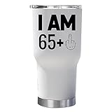 65 Plus One Middle Finger Tumbler With Lid 30oz Gift for Women, Men - Funny Turning 66 Years Old 66th Happy Birthday White Mug Tumblers Stainless Steel Cup Presents For Christmas