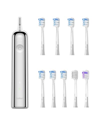 Laifen Wave Electric Toothbrush (Stainless Steel) with 3 Brush Heads, 6 Count Replacement Toothbrush Heads (Super-Clean, Transparent) Bundle, Oscillation & Vibration Sonic Electric Toothbrush