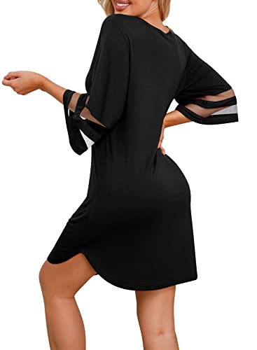 Prinstory Women's Nightgown 3/4 Sleeves Nightshirt Casual Sleep Shirt Loose Comfy Sleepwear Black-Large #TOP5