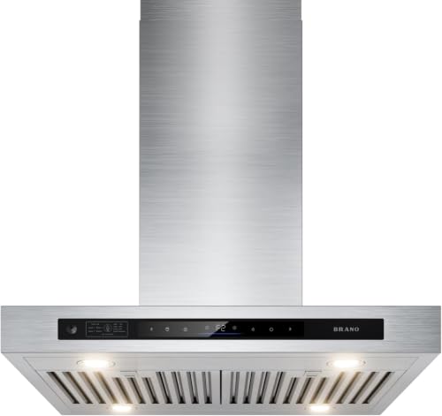 Image of BRANO Island Range Hood 36 Inch with 900 CFM 4 Speeds, Voice /Gesture /Touch Control Kitchen Hood, Ducted /Ductless Convertible, Adjustable Lights Stainless Steel Vent Hood