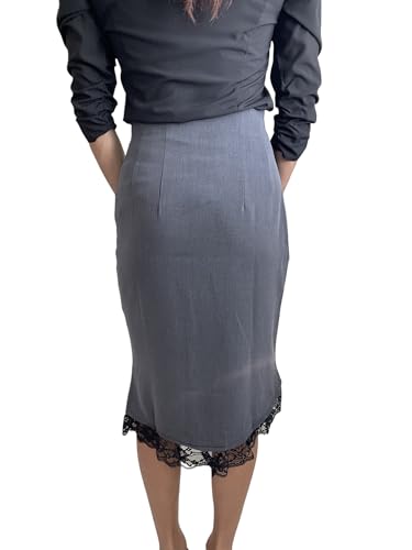 Women’s High Waist Pencil Skirt – Vintage Lace Trim Tulip Hem Midi Skirt with Buttons – Wiggle Fit for Work or Evening3