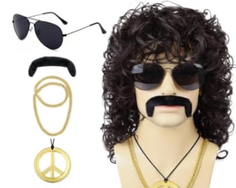 Carreuty Long Curly Wig Cap Black Wigs for 70s Disco Party Cosplay