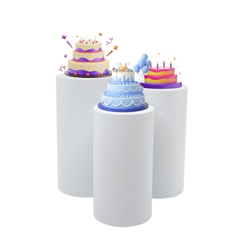 FUJAOPS Cylinder Stands for Party 3 Pcs White Cake Pedestal Stand Cylindrical Display Stand for Wedding Decor 3-Tier Different Height Dessert Table Centerpiece Iron Cilindros para Fiestas Redondos Blancos with Large Platforms