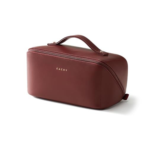 Image of EACHY Travel Makeup Bag, Large Capacity Cosmetic Bag for Women, Waterproof PU Leather, Flat Open Portable Toiletry Bag for Skincare, Brushes & Travel Essentials