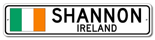 Shannon, Ireland - Irish Flag Street Sign - Metal Novelty Sign, Gift Sign, Man Cave Street Sign, Ireland City Sign, Irish Pub and Bar Wall Decor, Made in USA - 4x18 inches